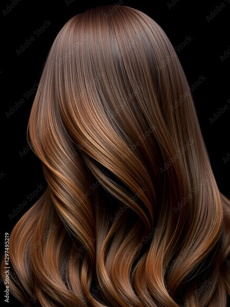 Fototapeta premium Luxurious waves of silky brown hair flow gracefully against a dark background, showcasing the beauty and health of long, shiny tresses in a striking profile view.