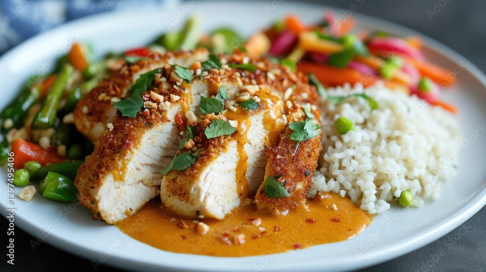A fusion Easter dinner featuring herb-crusted chicken with Thai curry sauce, served alongside a side of coconut rice and stir-fried spring vegetables A fusion Easter dinner featuring herb-crusted chicken with Thai curry sauce, served alongside a side of coconut rice and stir-fried spring vegetables