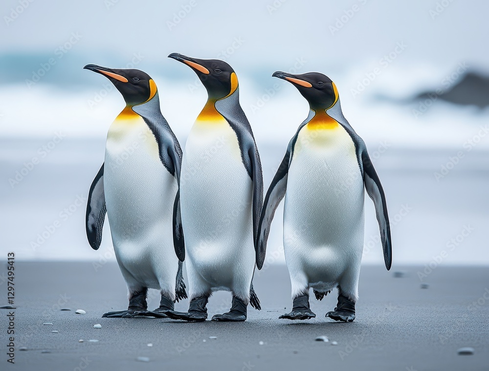 Obraz premium Three Majestic Penguins Walking on a Beach with Ocean Waves in the Background, Capturing the Beauty of Wildlife and Nature in a Serene Environment