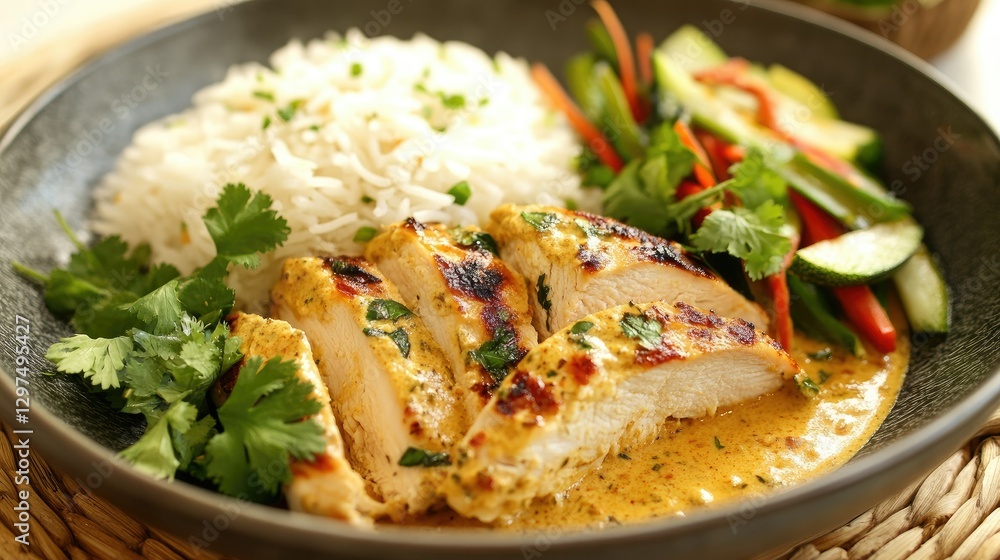 A fusion Easter dinner featuring herb-crusted chicken with Thai curry sauce, served alongside a side of coconut rice and stir-fried spring vegetables A fusion Easter dinner featuring herb-crusted chicken with Thai curry sauce, served alongside a side of coconut rice and stir-fried spring vegetables