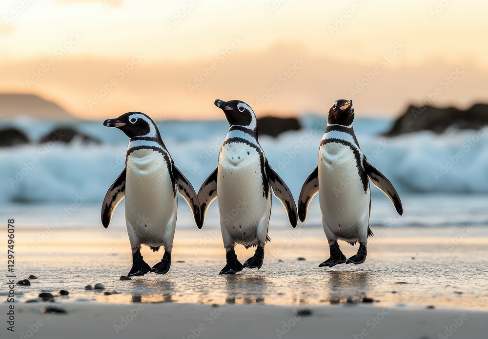 Obraz premium Three Playful Penguins Walking Along the Shoreline with Gentle Waves and Sunset in the Background, Capturing the Beauty of Nature and Wildlife