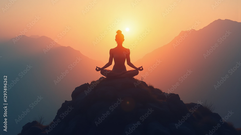 Yoga Silhouette Meditating On Mountain Peak At Glorious Sunrise Yoga Silhouette Meditating On Mountain Peak At Glorious Sunrise