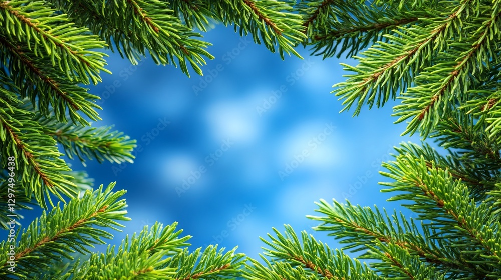 Fir branches frame blue sky; winter holiday background Fir branches frame blue sky; winter holiday background