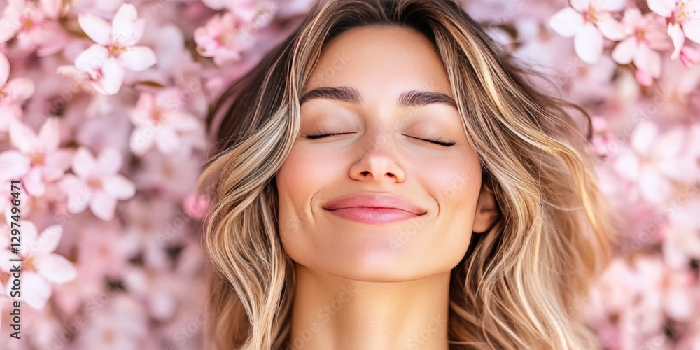 Smiling blonde woman standing in front of pink cherry blossoms with soft curls and relaxed expression enjoying fresh spring air and floral atmosphere in peaceful scenery Smiling blonde woman standing in front of pink cherry blossoms with soft curls and relaxed expression enjoying fresh spring air and floral atmosphere in peaceful scenery