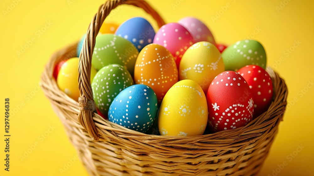 A high-angle view of a basket filled with colorful Easter eggs, arranged against a bright yellow background, emphasizing the festive and cheerful spirit of the holiday A high-angle view of a basket filled with colorful Easter eggs, arranged against a bright yellow background, emphasizing the festive and cheerful spirit of the holiday