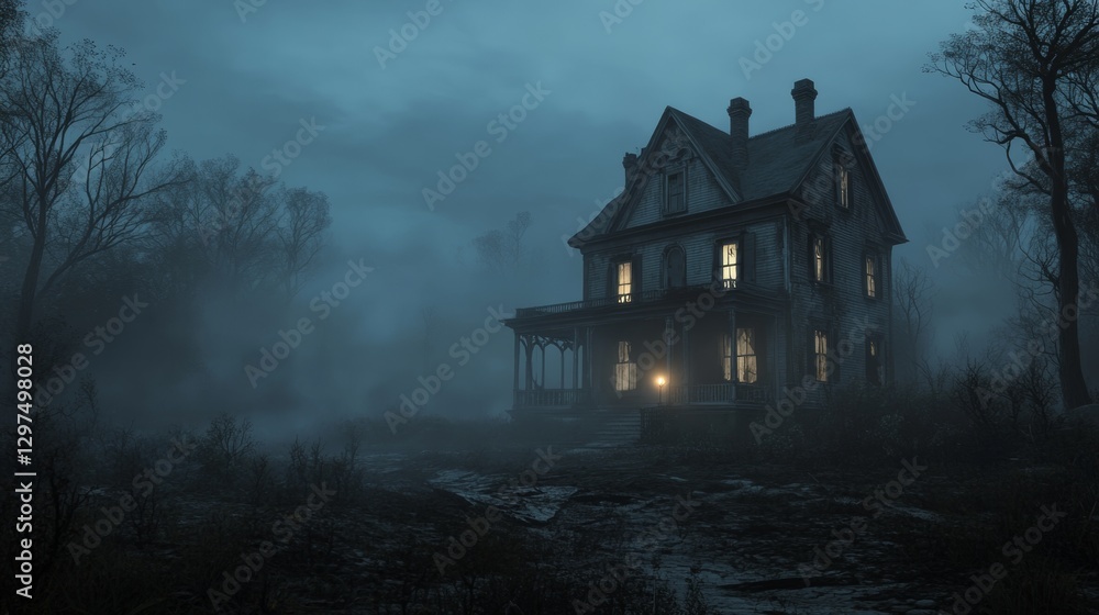 old house in the middle of the forest with fog old house in the middle of the forest with fog
