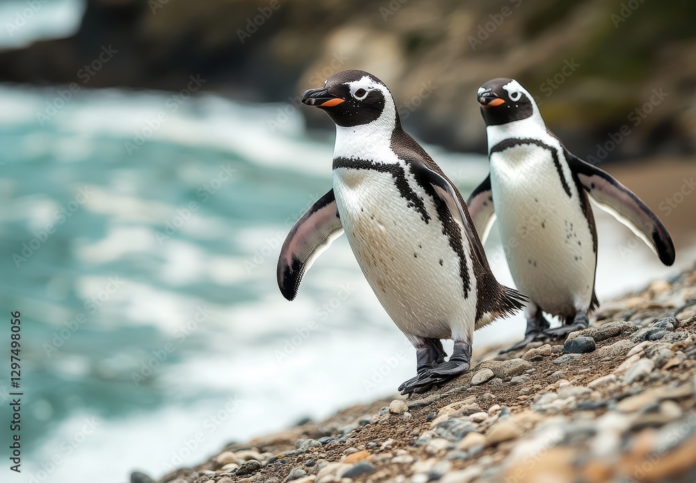 Fototapeta premium Two Charming Magellanic Penguins Walking Along Pebbled Shoreline with Waves Crashing in Background, Capturing Nature's Beauty and Wildlife Splendor
