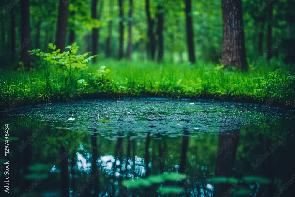Forest pond reflection, lush greenery background. Nature scene for tranquility, peace Forest pond reflection, lush greenery background. Nature scene for tranquility, peace