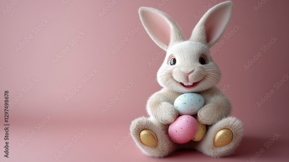Charming white rabbit holding colorful easter eggs with pink background. Easter, Pascha, Paskha, Ostern, Pascua, Paques - Orthodox and Catholic Holiday celebration Charming white rabbit holding colorful easter eggs with pink background. Easter, Pascha, Paskha, Ostern, Pascua, Paques - Orthodox and Catholic Holiday celebration