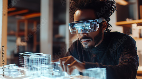 An architect brings architectural designs to life with 3D holographic construction models. The concept of innovation in architecture and futuristic design. Generative Ai.
