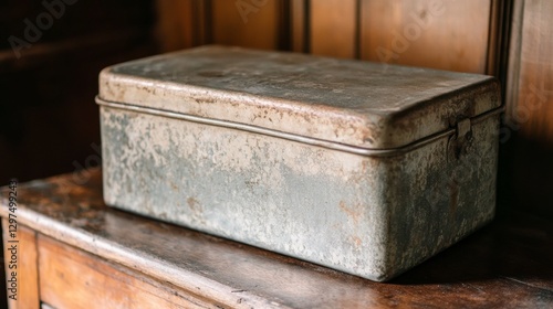 Vintage Metal Box: A rustic metal box, weathered with age, sits atop a worn wooden surface, hinting at forgotten treasures and bygone eras. 
