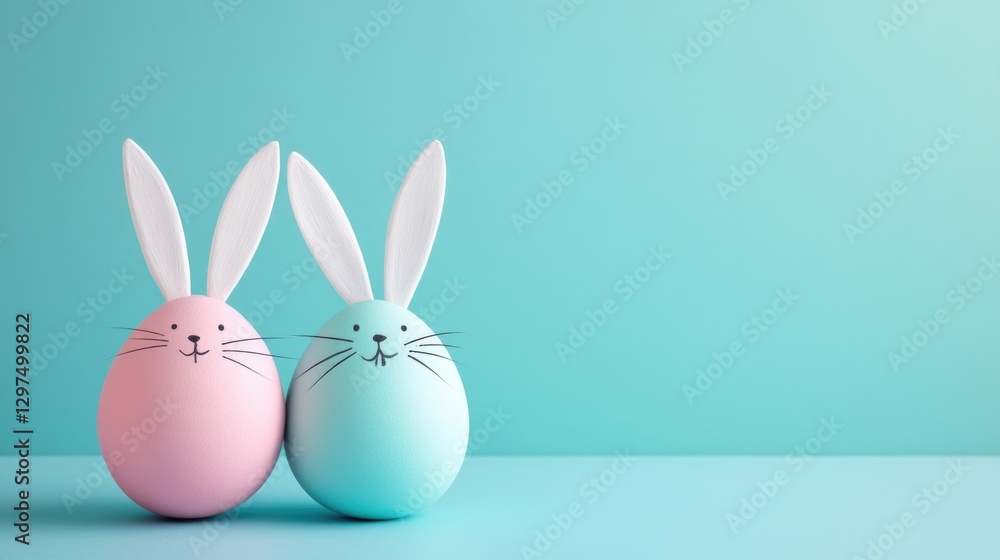 Pastel pink and blue easter eggs with bunny ears on turquoise background. Easter, Pascha, Paskha, Ostern, Pascua, Paques - Orthodox and Catholic Holiday celebration Pastel pink and blue easter eggs with bunny ears on turquoise background. Easter, Pascha, Paskha, Ostern, Pascua, Paques - Orthodox and Catholic Holiday celebration