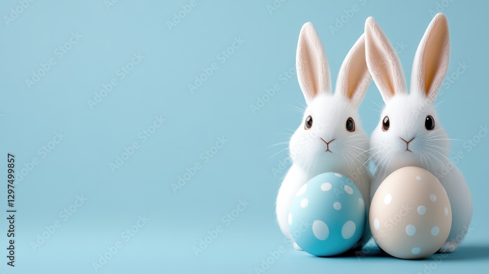Two white bunnies with polka dot easter eggs on blue background. Easter, Pascha, Paskha, Ostern, Pascua, Paques - Orthodox and Catholic Holiday celebration Two white bunnies with polka dot easter eggs on blue background. Easter, Pascha, Paskha, Ostern, Pascua, Paques - Orthodox and Catholic Holiday celebration