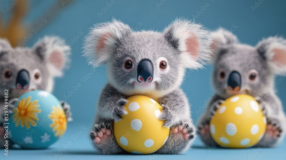 Fototapeta premium Cute baby koalas holding colorful patterned eggs on blue background. Easter, Pascha, Paskha, Ostern, Pascua, Paques - Orthodox and Catholic Holiday celebration