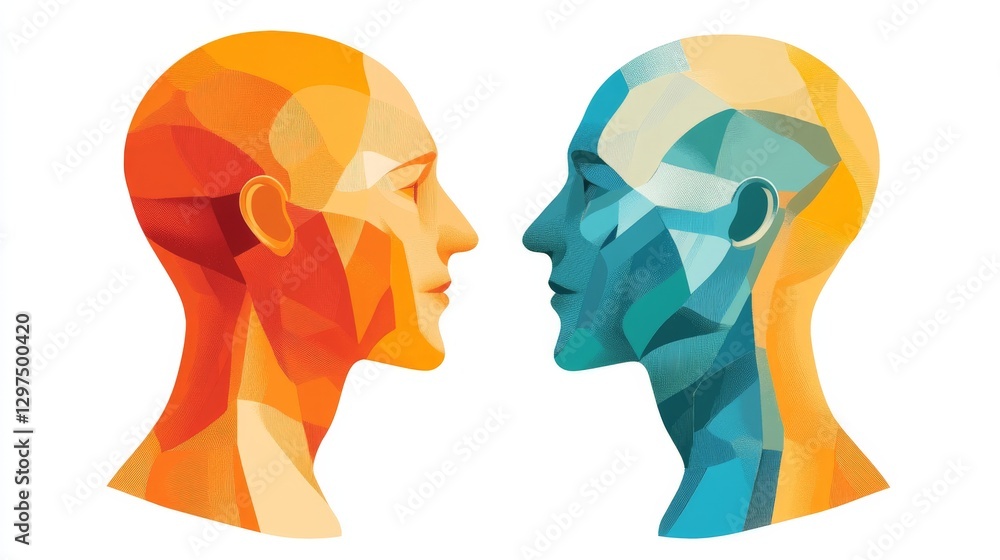 Abstract colorful illustration of two human heads facing each other in vibrant hues symbolizing thought exchange and intellectual dialogue Abstract colorful illustration of two human heads facing each other in vibrant hues symbolizing thought exchange and intellectual dialogue