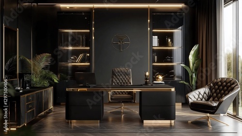 Luxury office interior with dark tones and gold accents creating sophisticated ambience