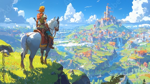 Fairytale Kingdom Vista: Blonde Rider on White Horse overlooking a Picturesque Medieval Village