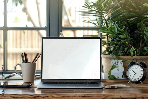 Telework Desk at Home Office in the Morning with Mug, Laptop, Phone, Clock, and Pens photo