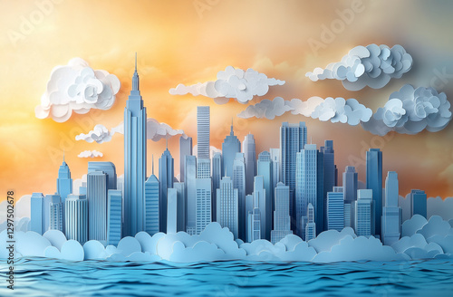 vibrant paper craft city skyline featuring unique architectural designs, clouds, and sunset backdrop