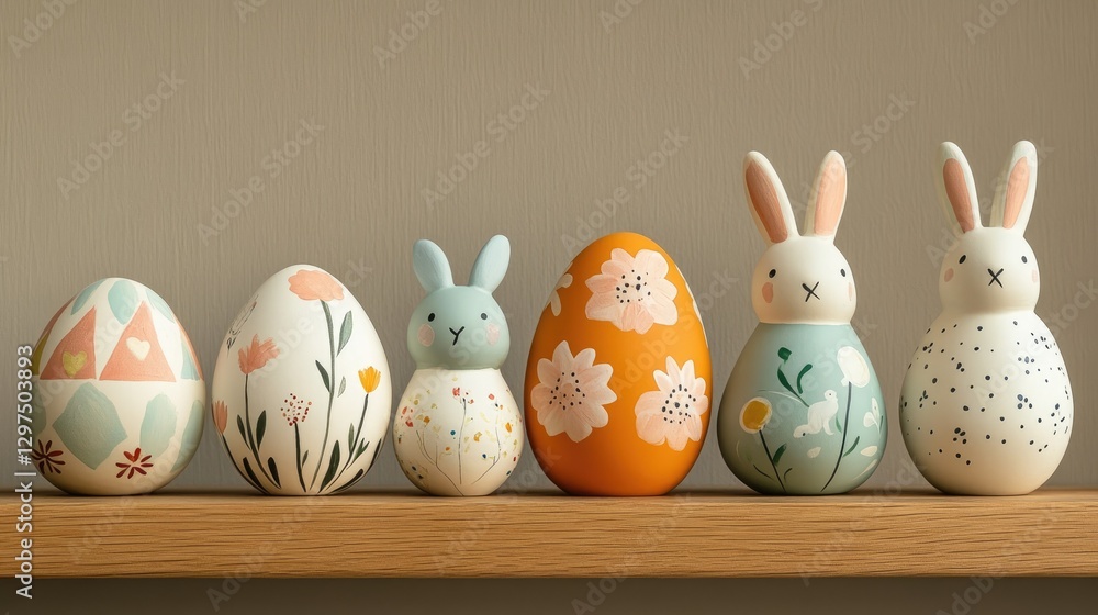 A set of hand-painted ceramic Easter eggs, including designs of bunnies, flowers, and geometric shapes, arranged on a wooden shelf against a neutral background A set of hand-painted ceramic Easter eggs, including designs of bunnies, flowers, and geometric shapes, arranged on a wooden shelf against a neutral background