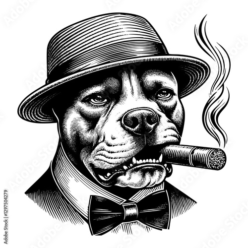 pitbull dog wears retro hat and cigar in it's mouth sketch engraving black and white outline. Scratch board imitation.
