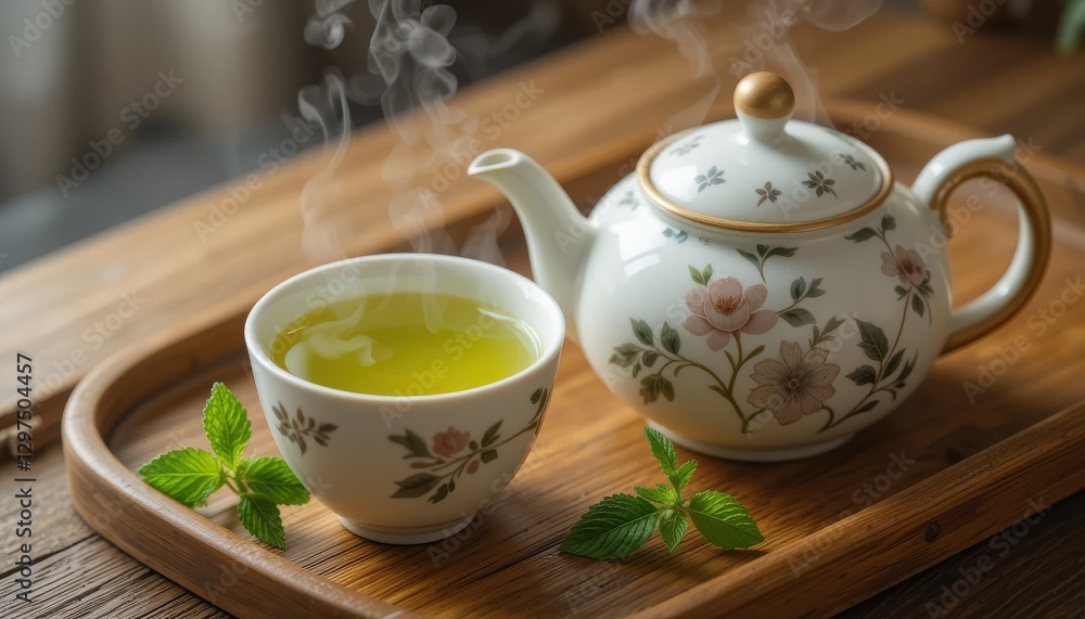 Brewing green tea cozy kitchen food photography warm atmosphere close-up view tranquility and relaxation Brewing green tea cozy kitchen food photography warm atmosphere close-up view tranquility and relaxation