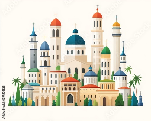 Wallpaper Mural Colorful and intricate cityscape illustration featuring diverse mosque architectures and minarets in a harmonious blend of cultural heritage Torontodigital.ca