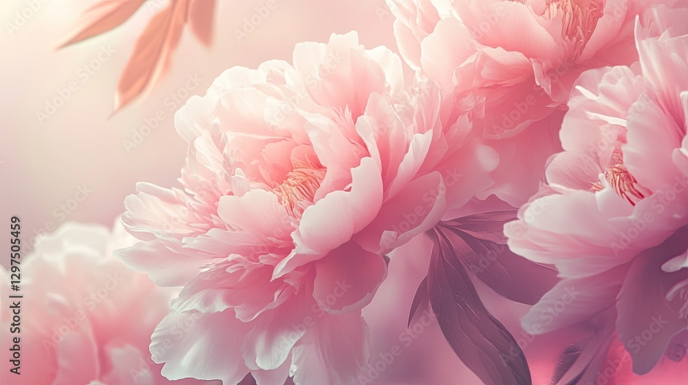 PNG Pink Peony branch botanical illustration with lush blooms and soft pink hues PNG Pink Peony branch botanical illustration with lush blooms and soft pink hues