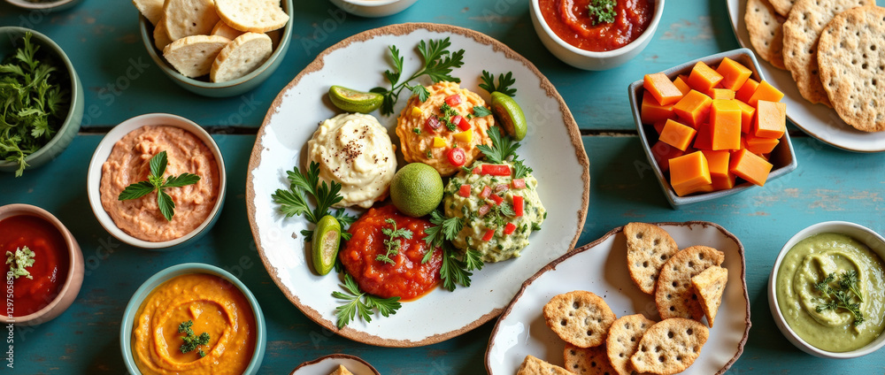 Delicious spread of vibrant dips and snacks for sharing Delicious spread of vibrant dips and snacks for sharing