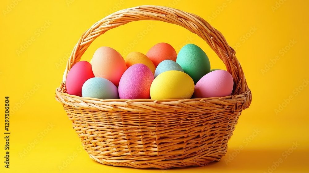 A vibrant, colorful basket filled with pastel Easter eggs, arranged neatly on a bright yellow backdrop, evoking a joyful and festive atmosphere for the holiday A vibrant, colorful basket filled with pastel Easter eggs, arranged neatly on a bright yellow backdrop, evoking a joyful and festive atmosphere for the holiday