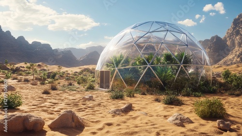 dome with plants inside in the middle of the desert