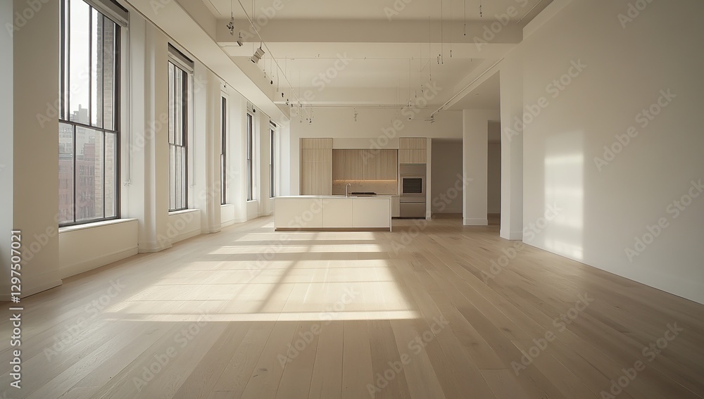 Fototapeta premium Bright Minimalist Loft Apartment Interior with Sunlight Streaming Through Large Windows