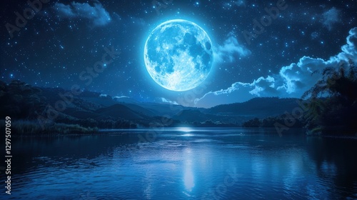 A breathtaking digital artwork of a luminous blue moon casting its glow over a tranquil lake, surrounded by rolling hills and a star-filled night sky.