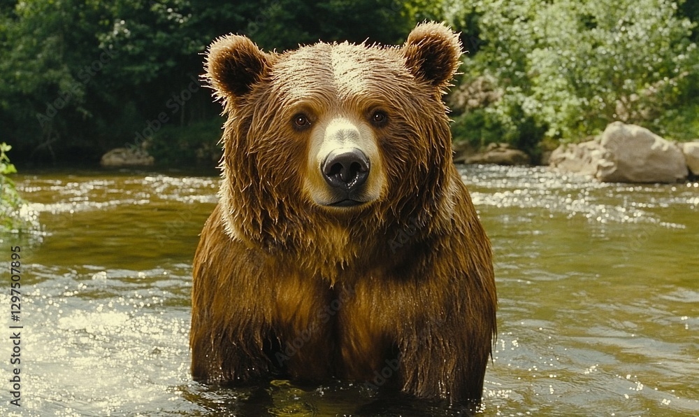 Grizzly bear in river, forest background, wildlife scene, nature documentary Grizzly bear in river, forest background, wildlife scene, nature documentary