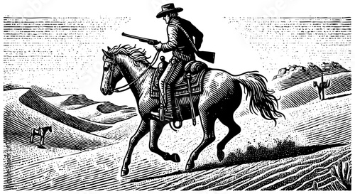 cowboy riding horse on desert sketch engraving black and white outline. Scratch board imitation.
