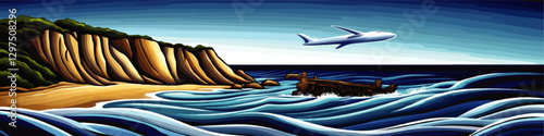 Stunning Coastal Vector Art: Dramatic Cliffside Beach, Azure Waves, Wrecked Ship and Airplane in Flight - Perfect Seaside Adventure Illustration