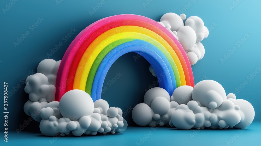 Colorful 3D rainbow arching over fluffy clouds against a vibrant blue background Colorful 3D rainbow arching over fluffy clouds against a vibrant blue background