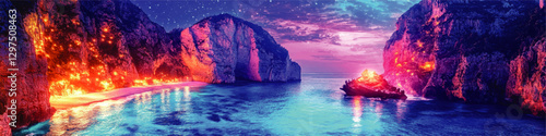 Enchanting Fantasy Coastline with Fiery Cliffs and Shipwreck under a Starry Sky Over Vibrant Ocean Waters at Sunset Vector Illustration for Scenic Art Enthusiasts