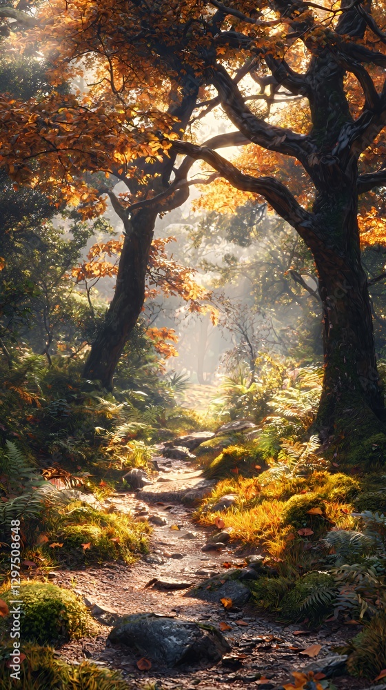 Autumn Forest Path: Golden Sunlight Through Orange And Yellow Leaves Autumn Forest Path: Golden Sunlight Through Orange And Yellow Leaves