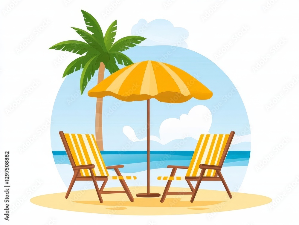 Tropical beach vacation with yellow umbrella palm trees and ocean breeze in a vibrant summer digital vector illustration with blue sky and relaxing ambiance Tropical beach vacation with yellow umbrella palm trees and ocean breeze in a vibrant summer digital vector illustration with blue sky and relaxing ambiance
