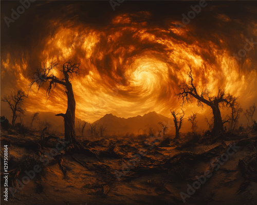 Apocalyptic Landscape with Fiery Sky Vortex, Dead Trees at Sunset in Eerie Desert Scenery, Surreal Vector Art Illustration of Post-Apocalyptic Wasteland