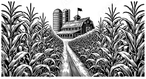 Corn farm sketch engraving black and white outline. Scratch board imitation.  illustrated in vintage line art style on a white background.