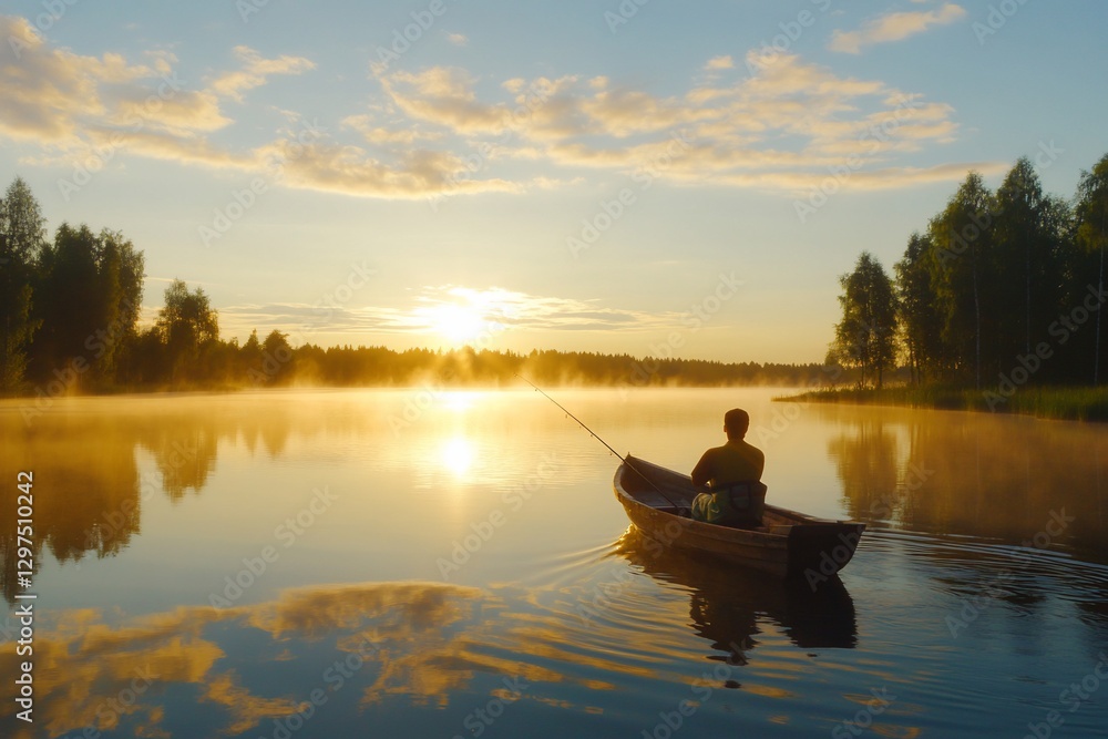 Angler casts line from boat on misty lake at dawn, trees border reflective water Angler casts line from boat on misty lake at dawn, trees border reflective water