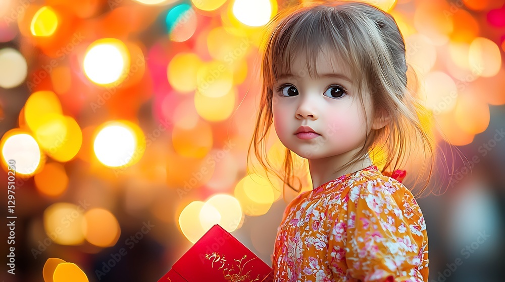Adorable toddler girl, festival lights, bokeh background, portrait, card Adorable toddler girl, festival lights, bokeh background, portrait, card