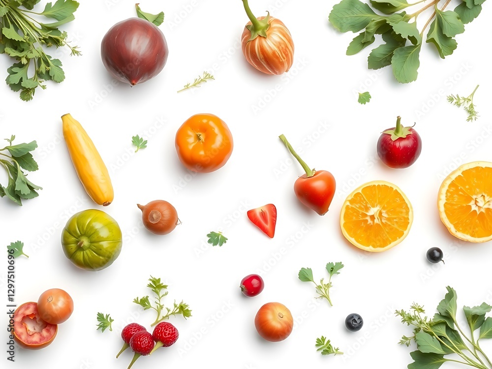 Flat lay of fresh raw ingredients for healthy food and salad on white background, top view food concept
Flat lay of fresh raw ingredients for healthy food and salad on white background, top view food concept