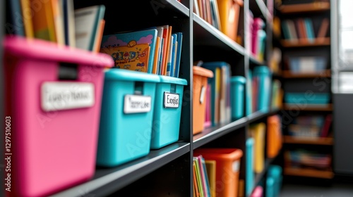 Colorful storage bins and bookshelves in a vibrant library setting, promoting learning and organization