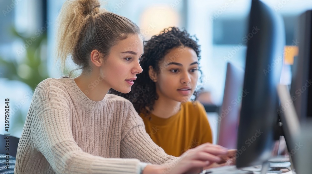 Two young women looking at a computer screen together Two young women looking at a computer screen together