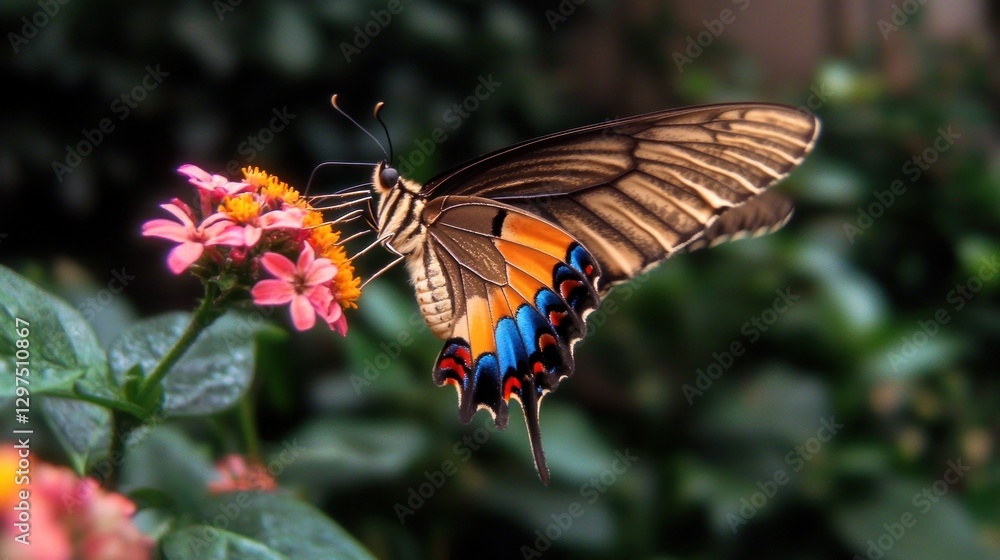 Colorful butterfly perched on vibrant flower in lush garden with blurred greenery background Colorful butterfly perched on vibrant flower in lush garden with blurred greenery background
