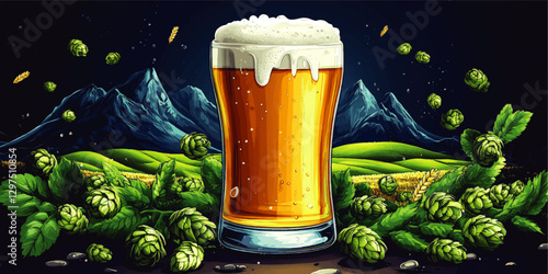 Vector Illustration of Lager Beer Glass with Hops and Barley on Mountain Landscape at Night - Perfect for Craft Beer Enthusiasts and Brewing Art Lovers