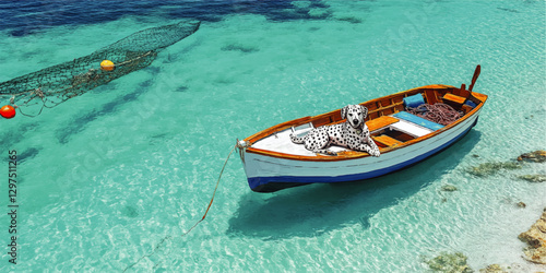 Scenic Vector Art of Dalmatian Dog Relaxing on Boat in Crystal Clear Turquoise Waters with Fishing Net and Buoys in a Serene Summer Beach Setting